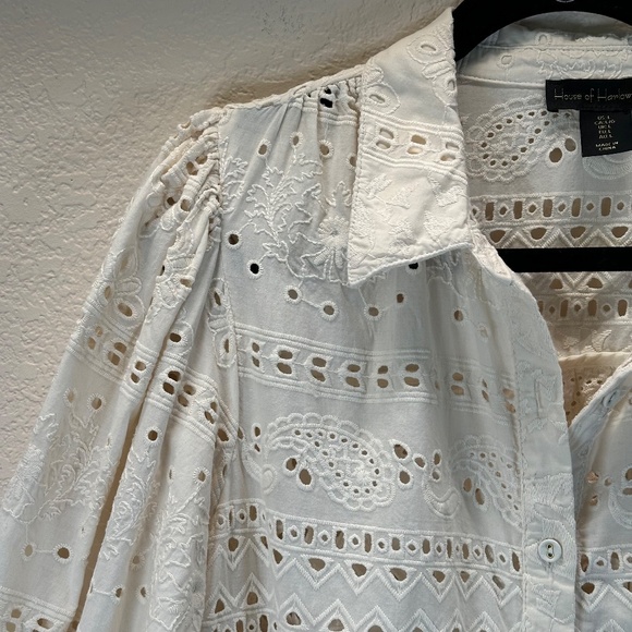 House of Harlow 1960 Button Up blouse Womens Sz. L eyelet Puff Sleeve Romantic - Picture 7 of 15